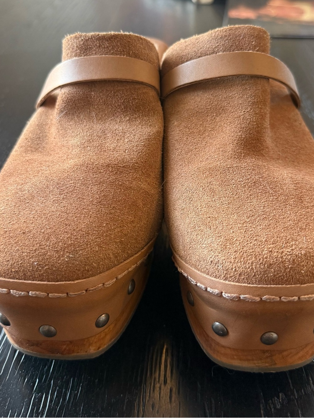 Free People Calabasas Tan Suede Clog Mules with Studded Wood Heel - Picture 2 of 5